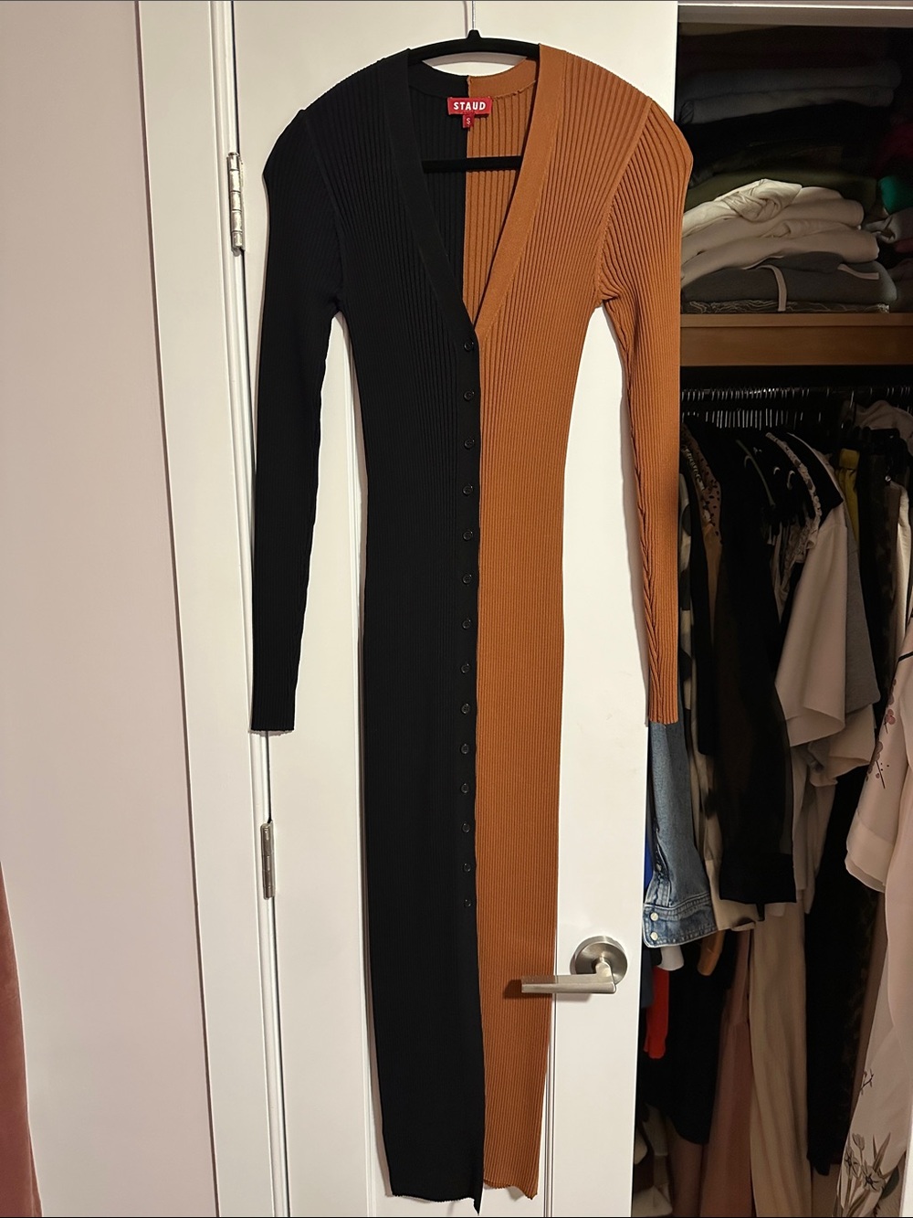 STAUD Two-Tone Ribbed Button-Front Maxi Dress in Black & Brown *NEVER WORN